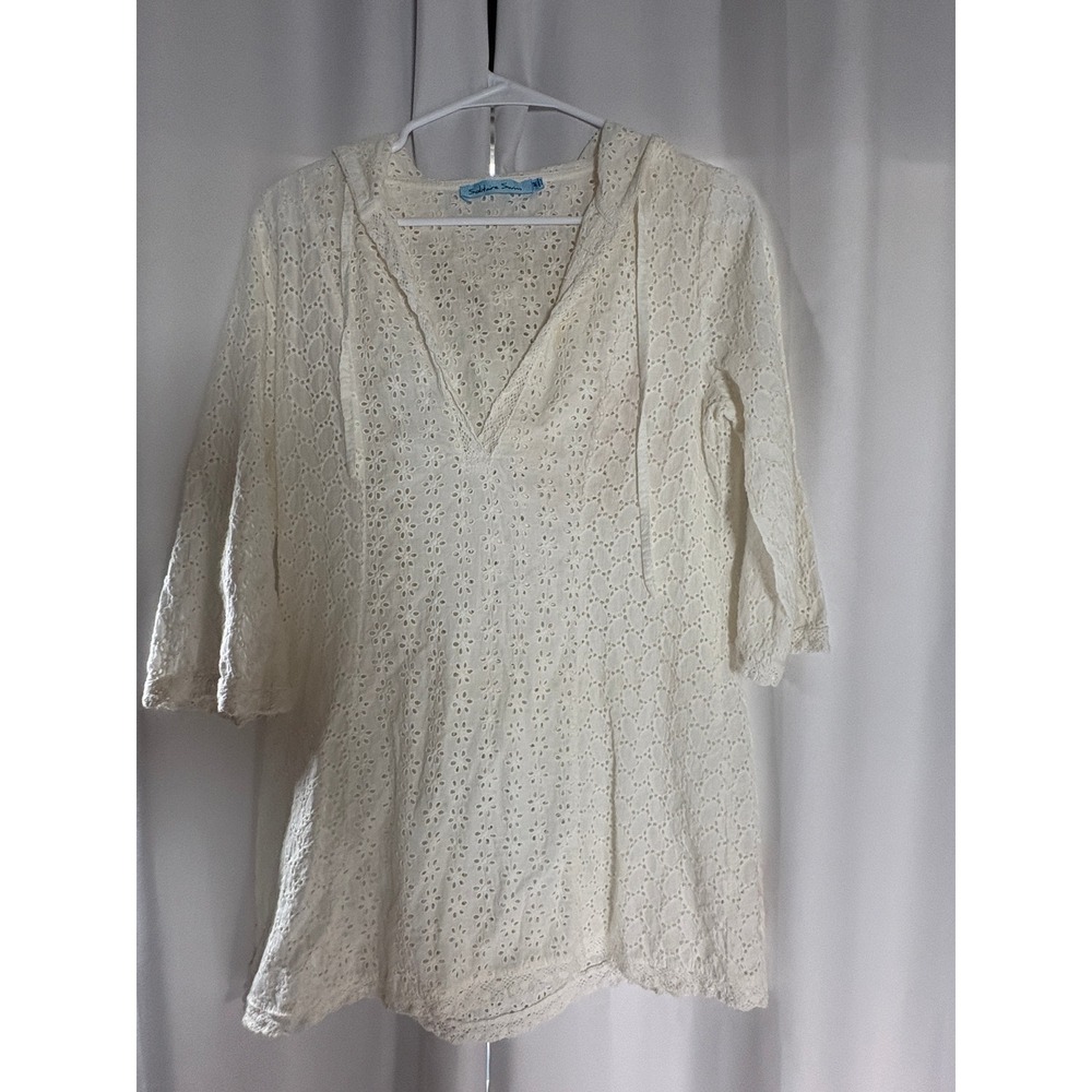Solitaire Swim White Eyelet Lace Hooded Tunic Cover Up XL Boho Beach V-Neck